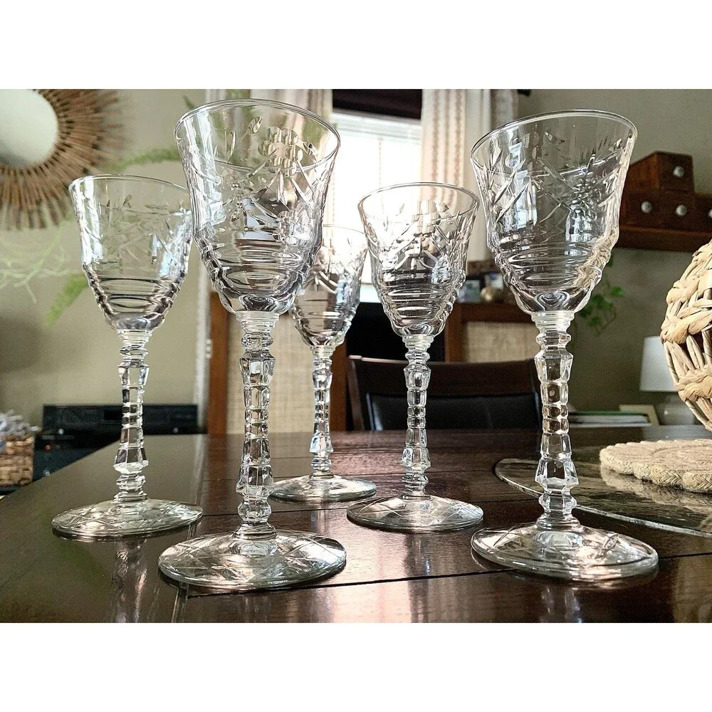 Vtg Libbey Rock Sharpe Artic Rose Crystal Water Goblets Set 5 Grandmillennial